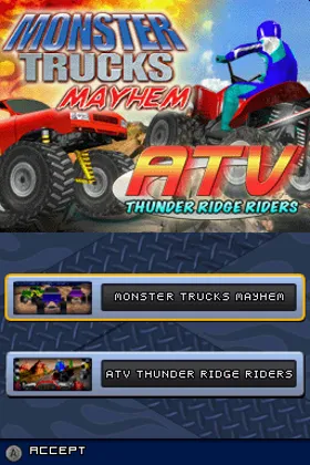 2 Game Pack! - Monster Trucks Mayhem + ATV - Thunder Ridge Riders (USA) screen shot title